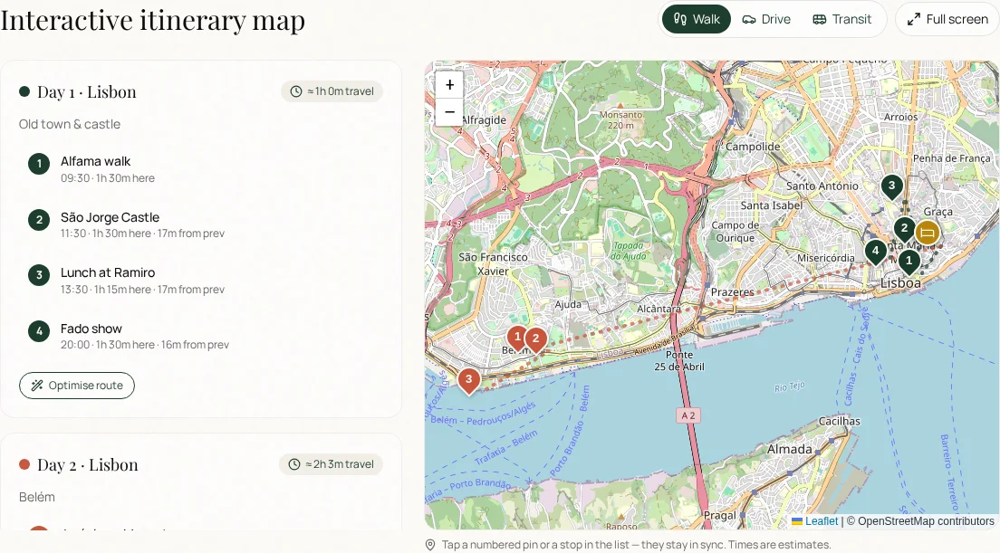 WanderlyMe map view showing a day's itinerary as numbered stops connected by an optimised walking route across the city