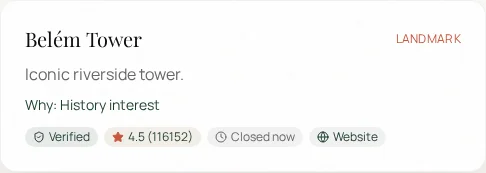 WanderlyMe place card showing a Verified badge with Google rating, opening hours and address pulled from live Google Places data